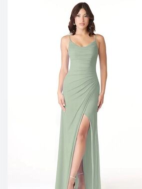 Azazie Sage Green Ruched Spaghetti-Strap Maxi Gown